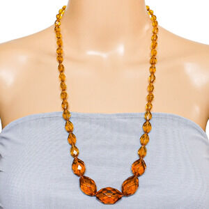Vintage Faceted Amber Glass Beaded Necklace – Hand Knotted Graduated 1930s Czech